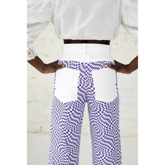 Lisa Says Gah Robyn Checkered Wide Leg Jeans Purple Warp Print Size 29 - Picture 7 of 16